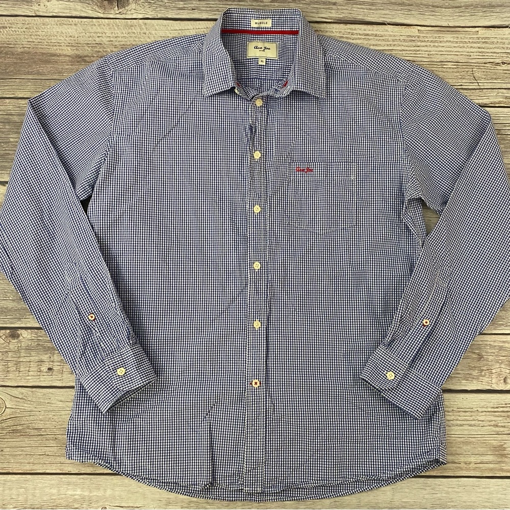 Aca Joe Mens XL Button Down Muscle Shirt Blue Gingham Long Sleeve.